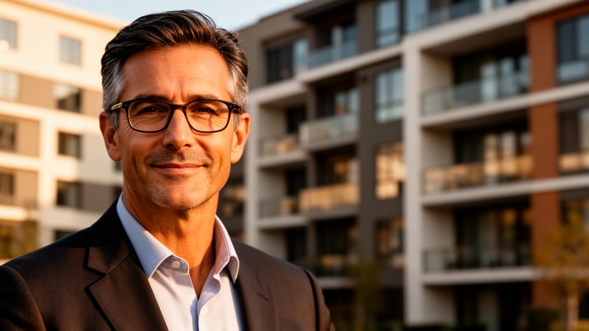 Older male real estate investor wearing glasses in front of a rental property